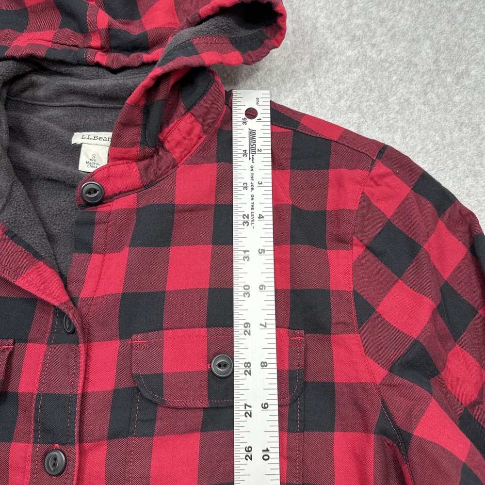 LL Bean Fleece Lined Flannel Hoodie Women Small Red Buffalo Plaid Cozy Shacket - Picture 7 of 13